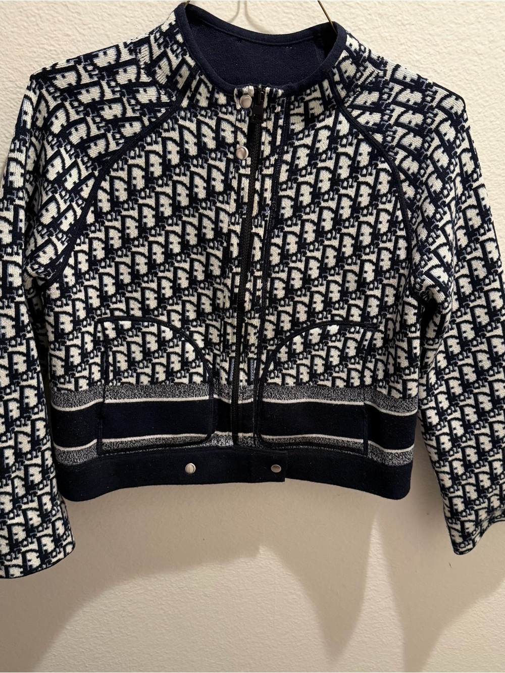 Navy & Cream Monogram Cropped Knit Zip Jacket – Designer Inspired
